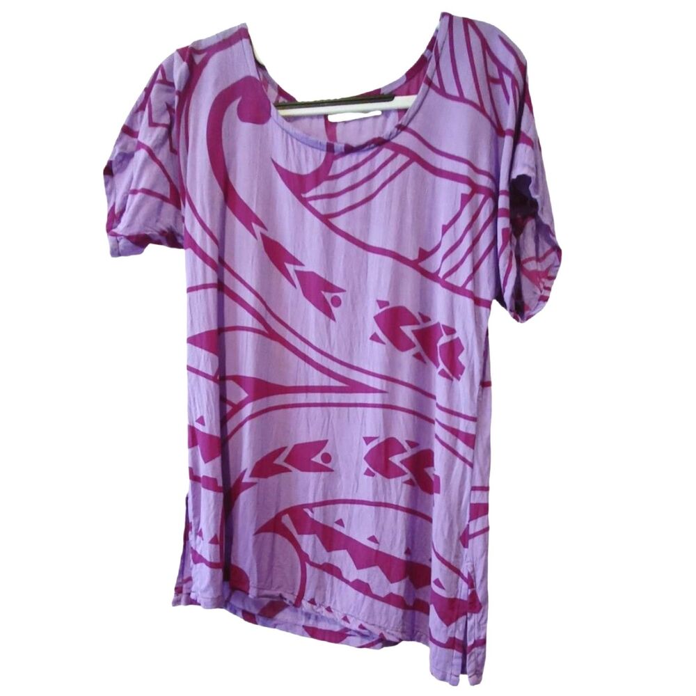Hailama Designs Womens Purple Swirl Diagonal Hem SS Top